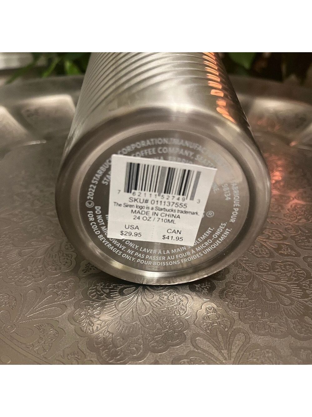 STARBUCKS SILVER SWIRLED STAINLESS STEEL TUMBLER 24OZ - Picture 4 of 4